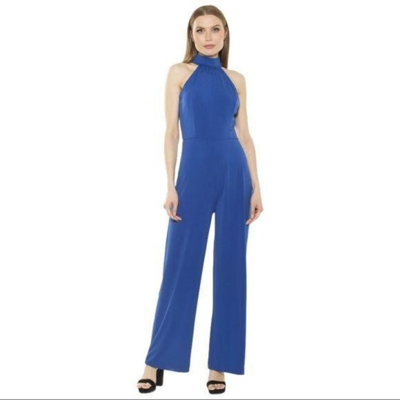 Alexia Admor Cobalt Blue Meghan Halter Crepe Wide Leg Jumpsuit Evening Wear